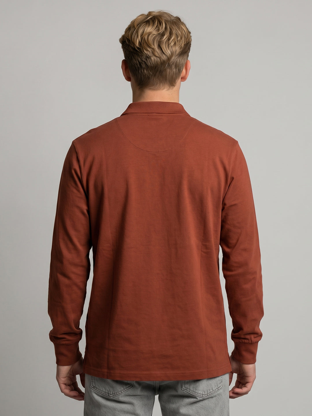 Men Rust Solid Polo Collar Full Sleeve T-Shirt