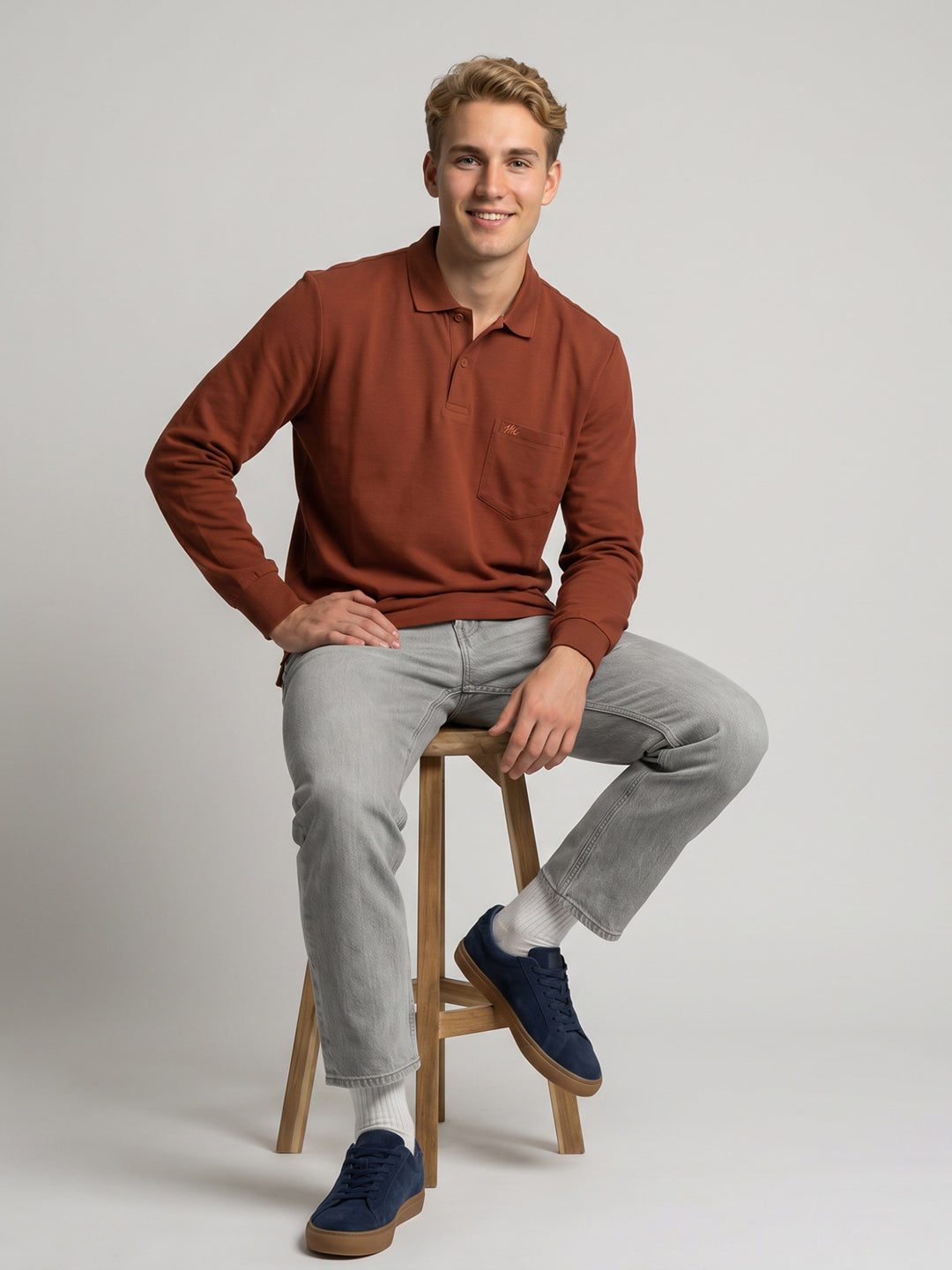 Men Rust Solid Polo Collar Full Sleeve T-Shirt