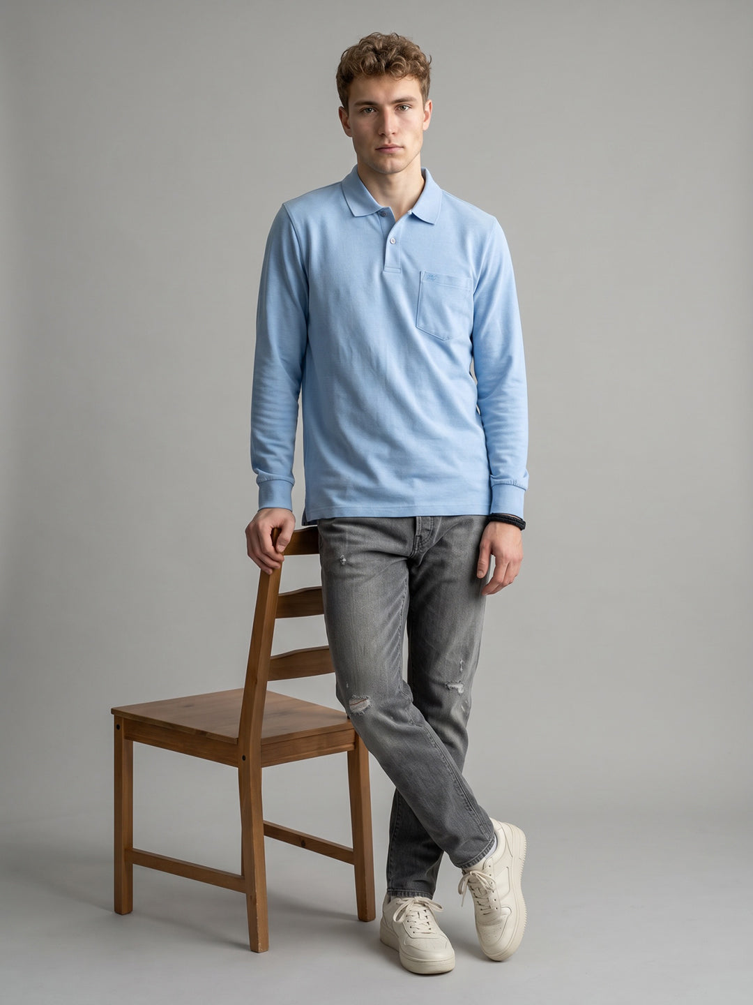 Men Sky Blue Solid Polo Collar Full Sleeve T-Shirt