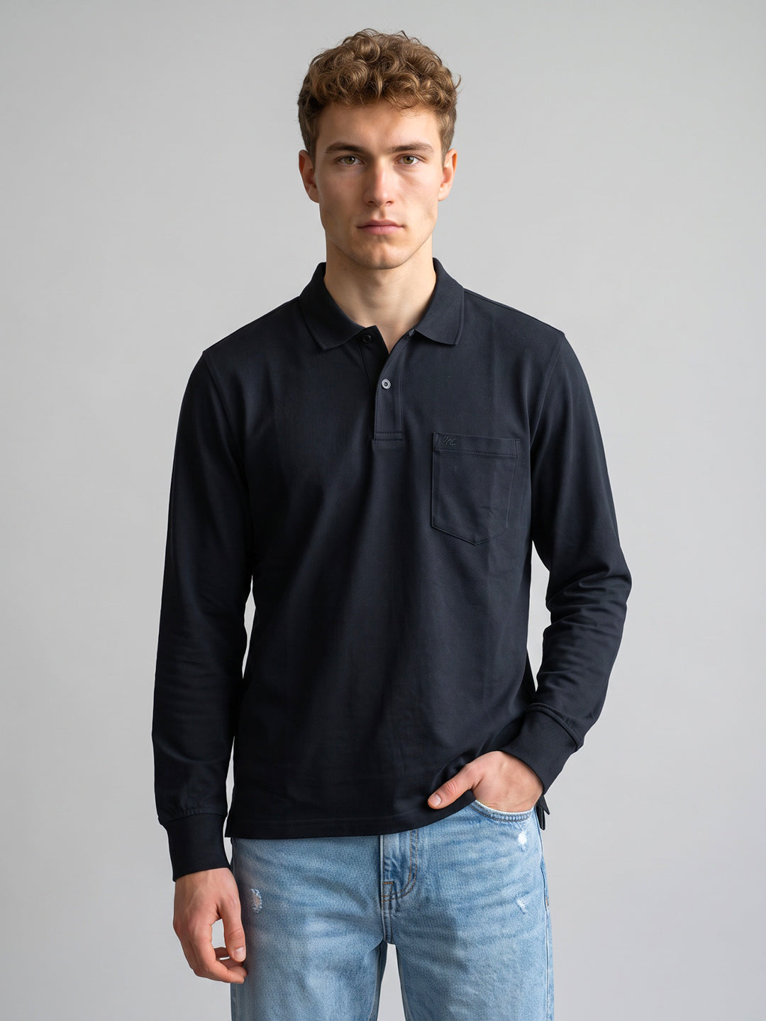 Men Navy Blue Solid Polo Collar Full Sleeve Winter T-Shirt