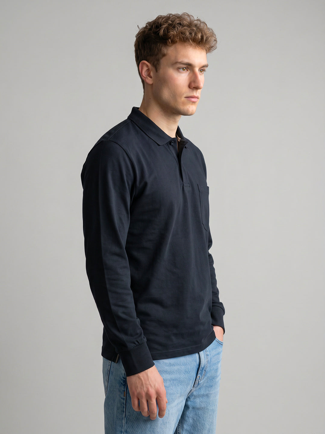 Men Navy Blue Solid Polo Collar Full Sleeve Winter T-Shirt