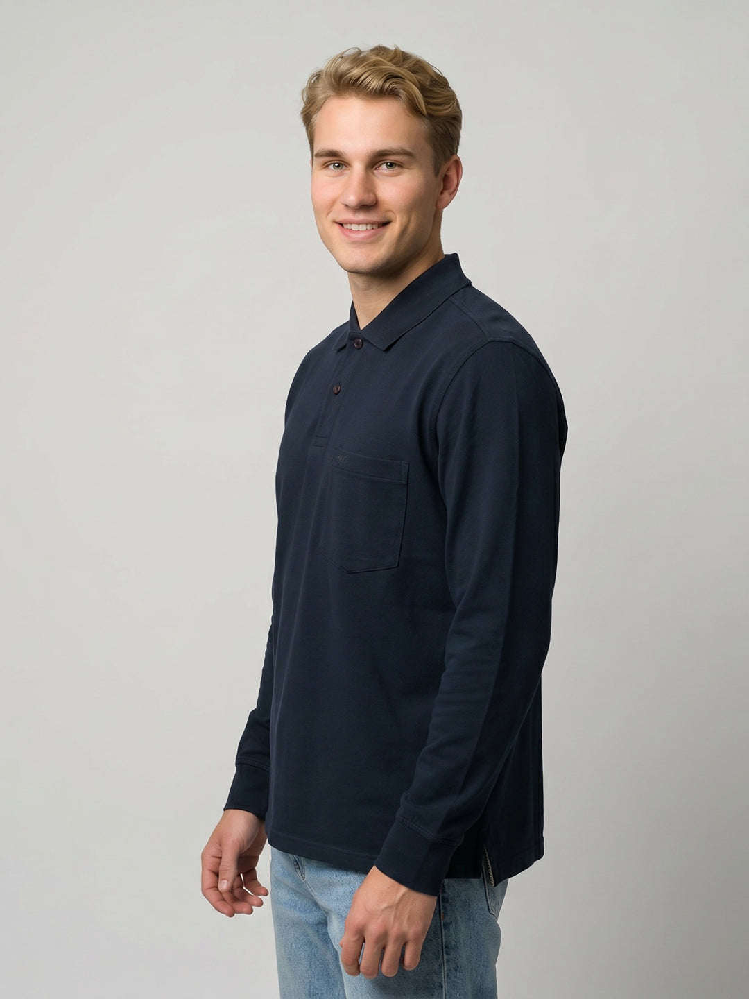 Men Navy Blue Solid Polo Collar Full Sleeve T-Shirt