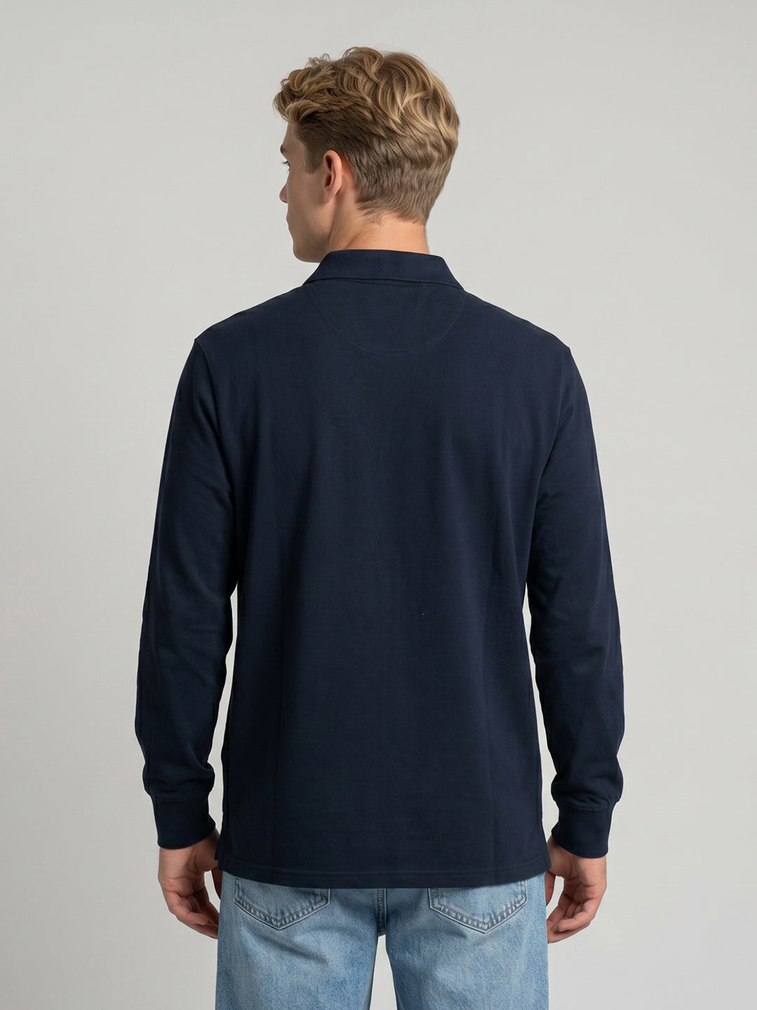 Men Navy Blue Solid Polo Collar Full Sleeve T-Shirt