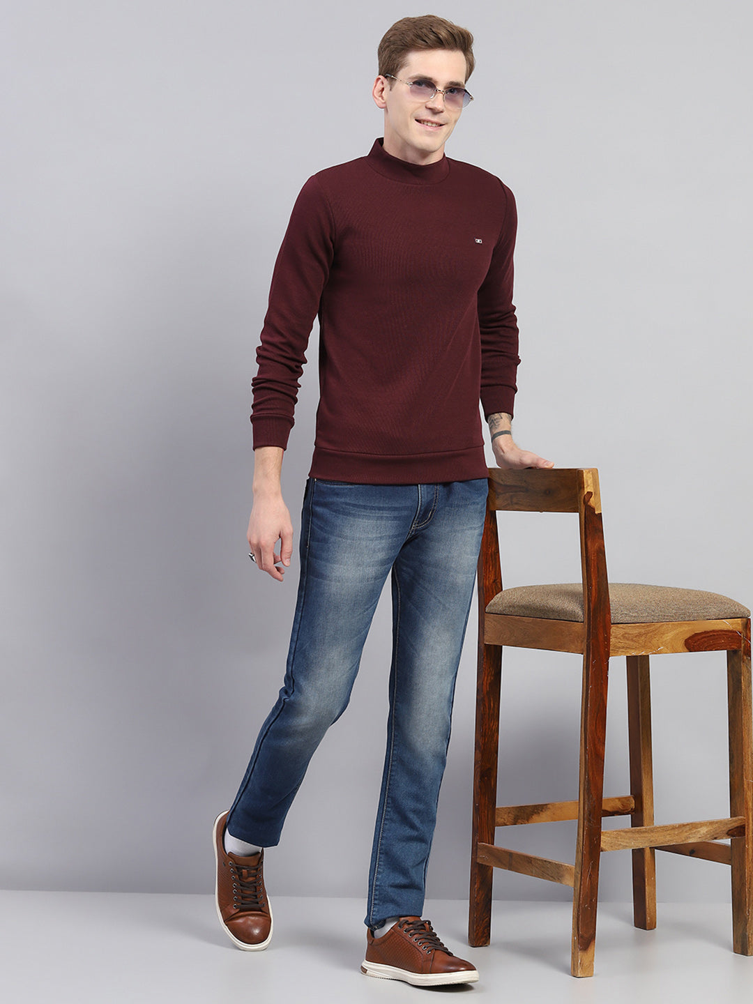 Men Maroon Solid Turtle Neck Full Sleeve Winter T-Shirt