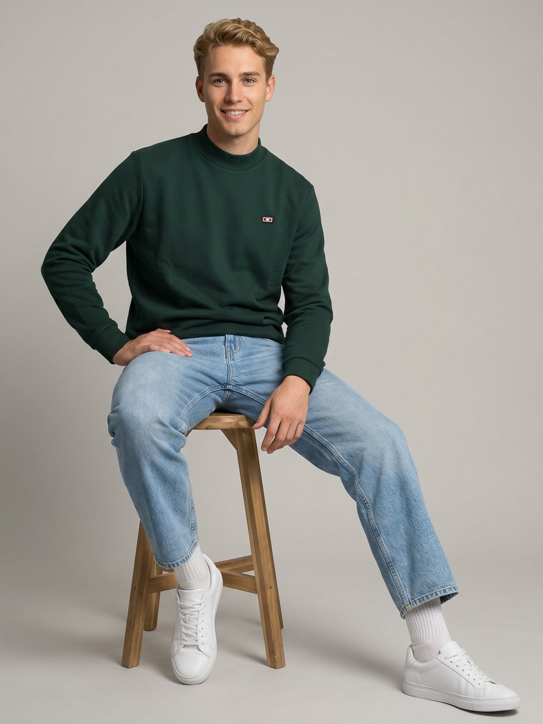 Men Green Solid Turtle Neck Full Sleeve T-Shirt