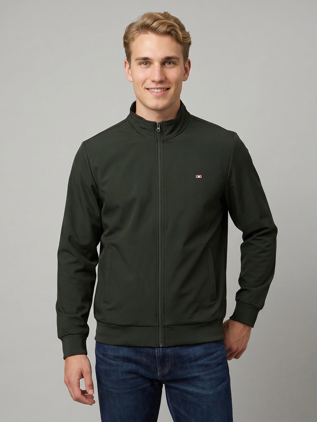Men Olive Solid Stand Collar Full Sleeve Jacket