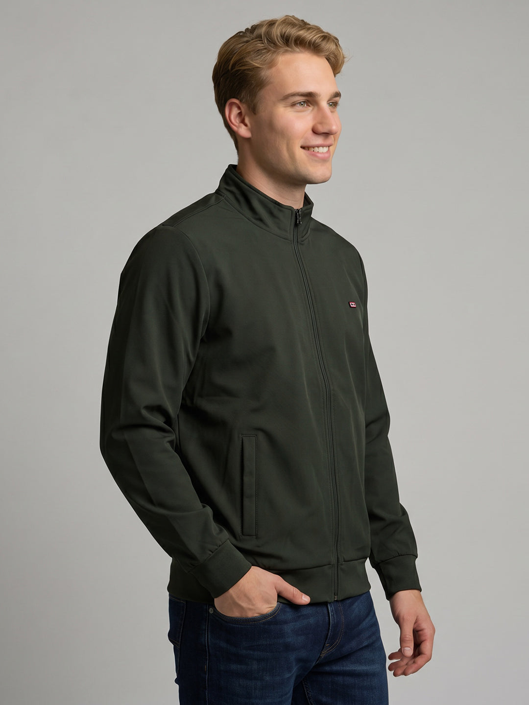 Men Olive Solid Stand Collar Full Sleeve Jacket