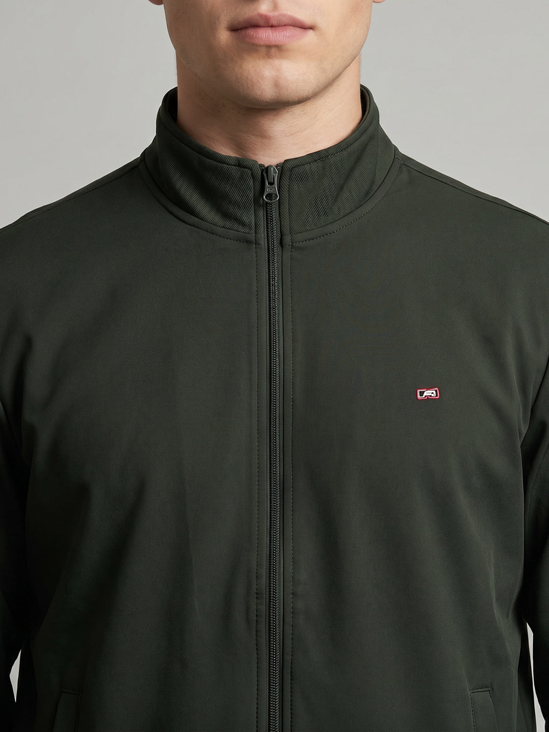 Men Olive Solid Stand Collar Full Sleeve Jacket