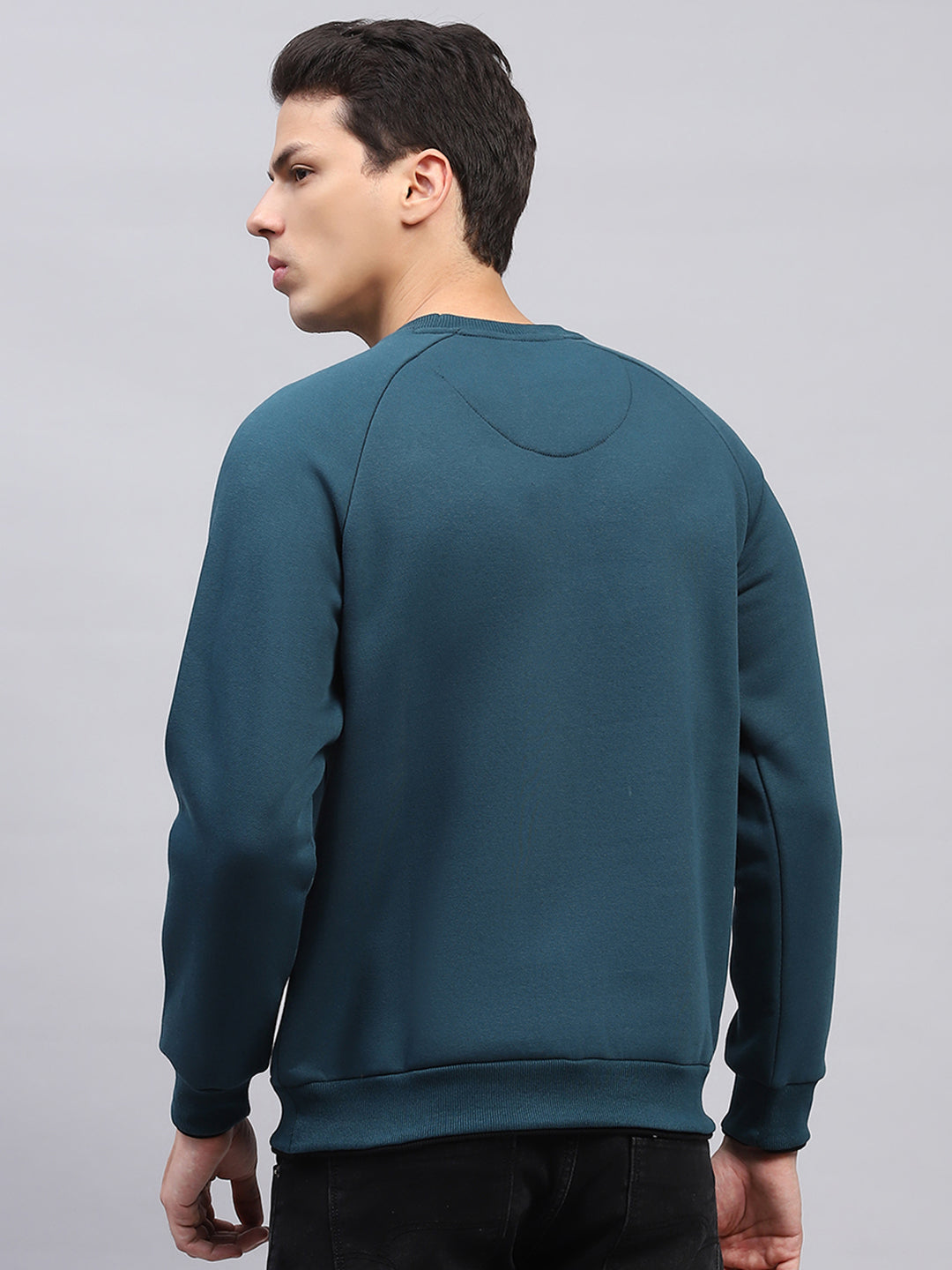 Men Teal Blue Solid Round Neck Full Sleeve Sweatshirt