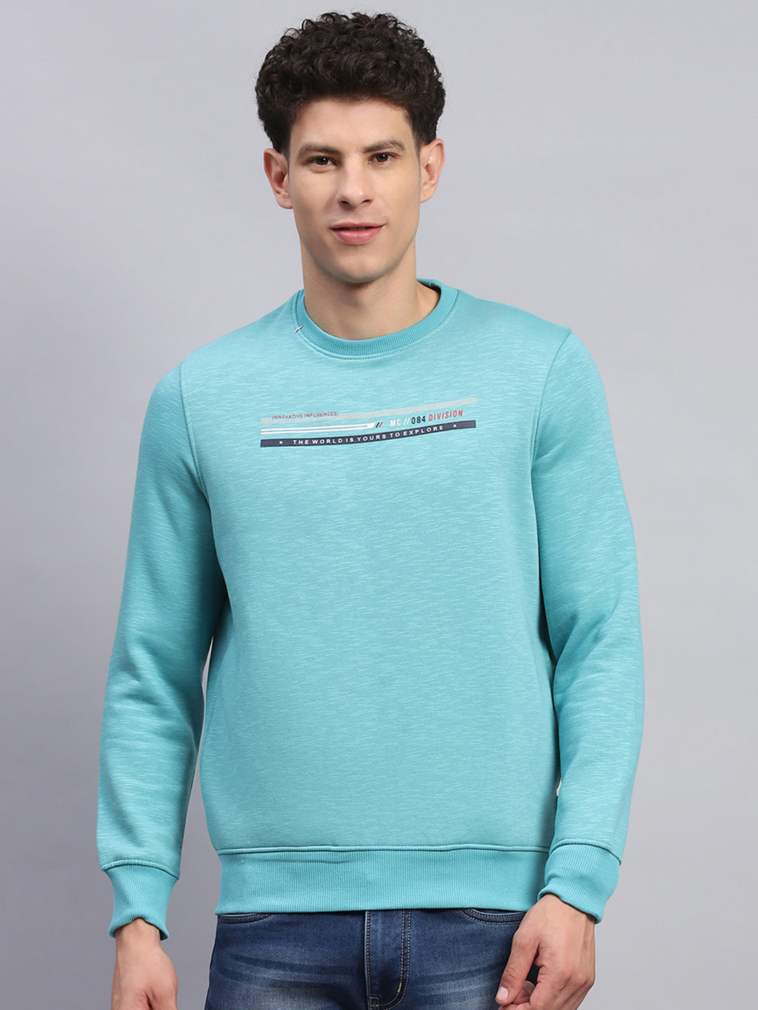 Men Sky Blue Printed Round Neck Full Sleeve Sweatshirt