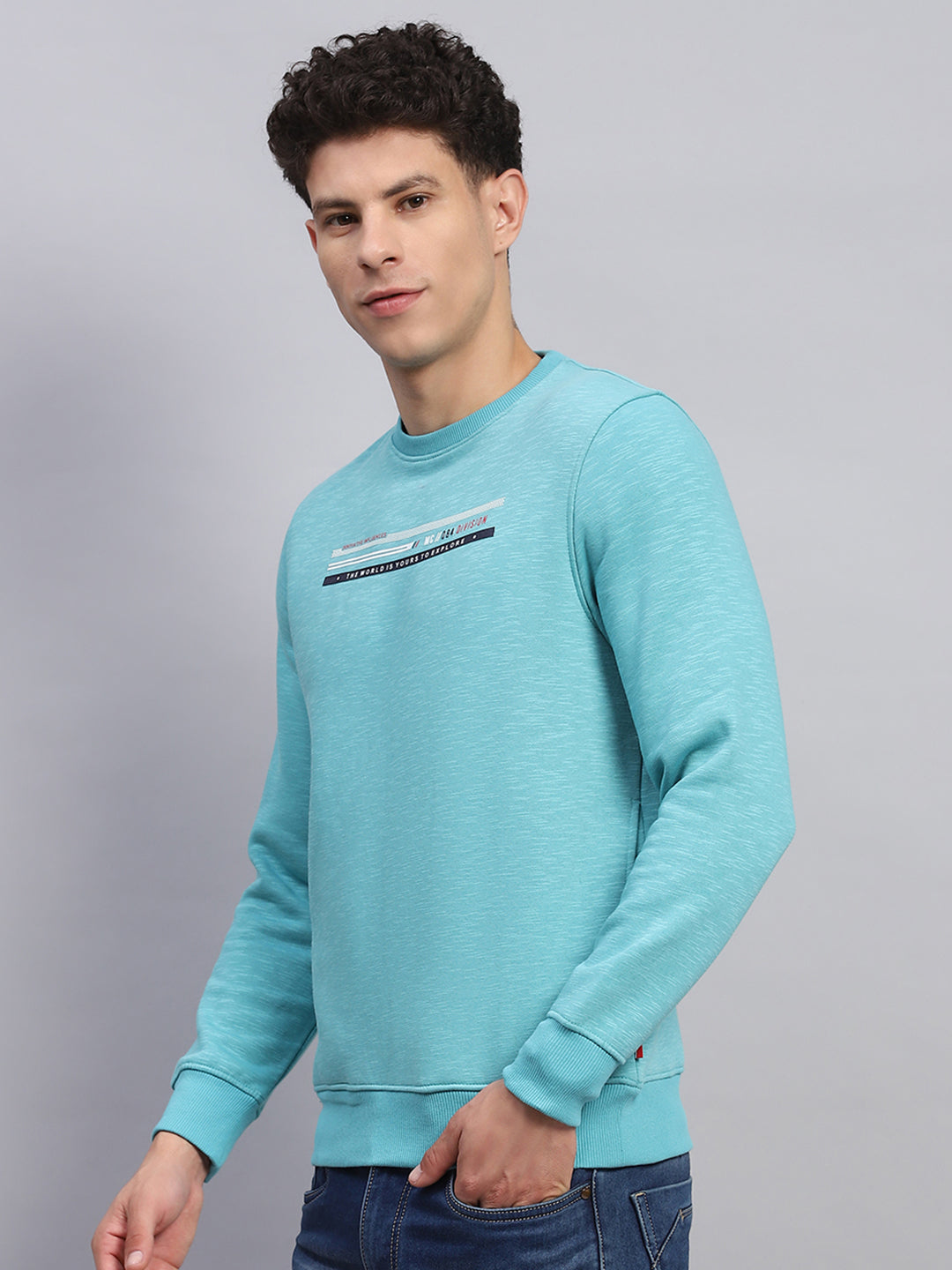 Men Sky Blue Printed Round Neck Full Sleeve Sweatshirt