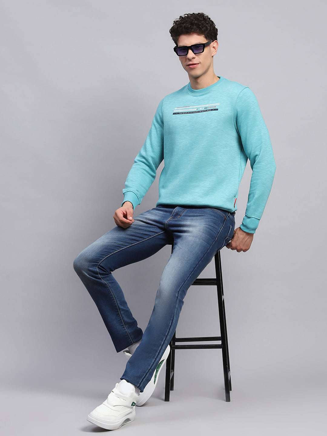 Men Sky Blue Printed Round Neck Full Sleeve Sweatshirt