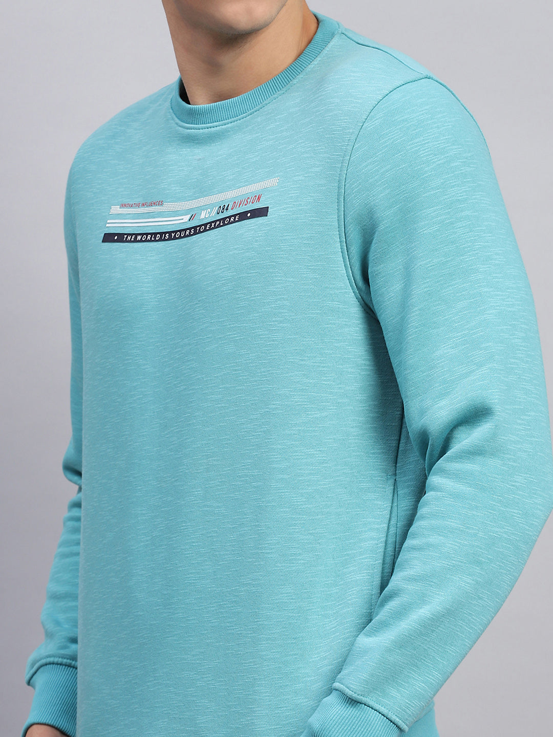 Men Sky Blue Printed Round Neck Full Sleeve Sweatshirt
