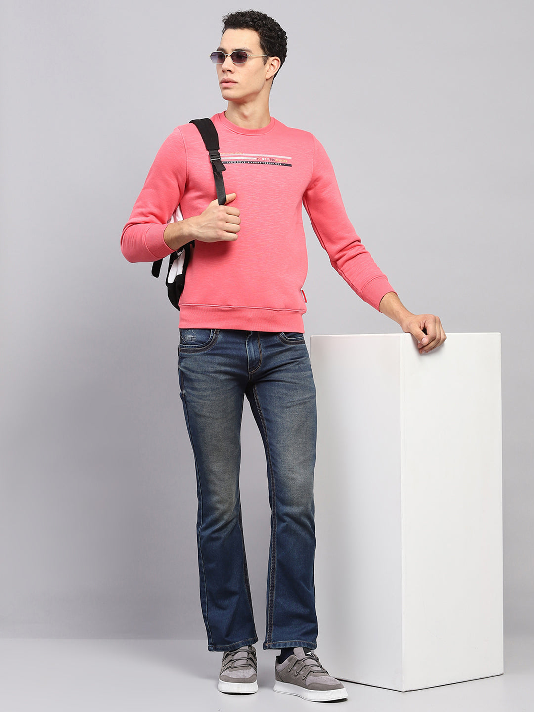 Men Pink Printed Round Neck Full Sleeve Sweatshirt