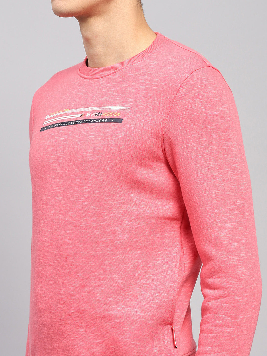 Men Pink Printed Round Neck Full Sleeve Sweatshirt
