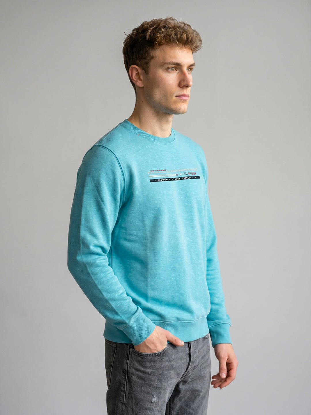 Men Turquoise Blue Printed Round Neck Full Sleeve Sweatshirt