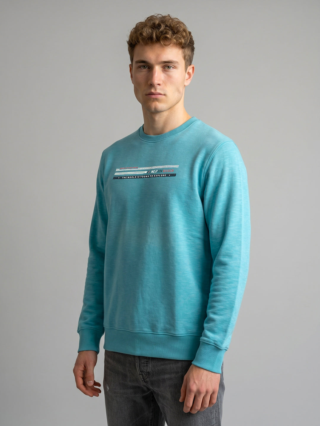 Men Turquoise Blue Printed Round Neck Full Sleeve Sweatshirt