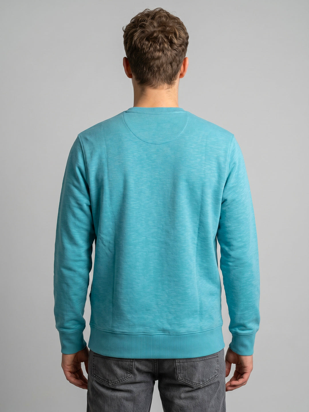 Men Turquoise Blue Printed Round Neck Full Sleeve Sweatshirt