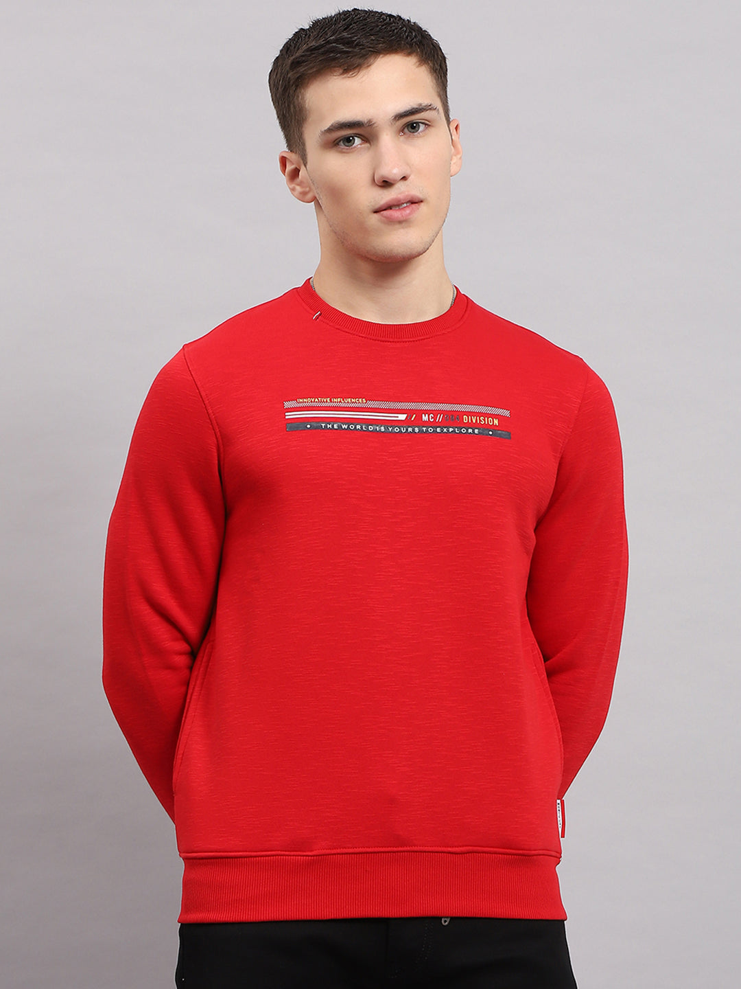 Men Red Printed Round Neck Full Sleeve Sweatshirt