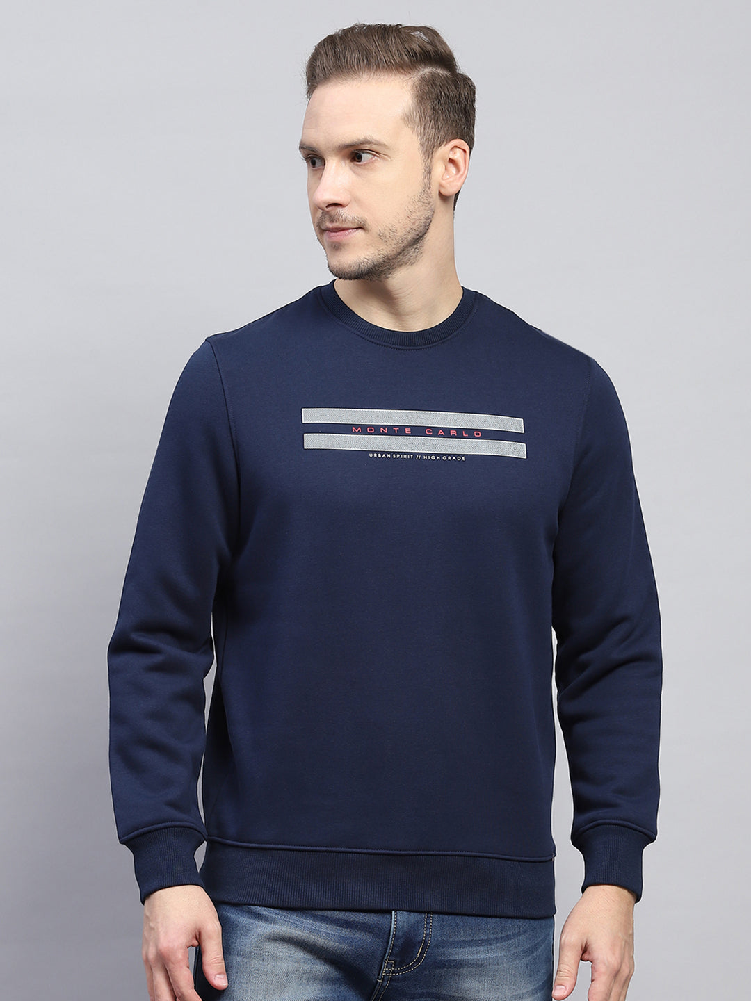 Men Navy Blue Printed Round Neck Full Sleeve Sweatshirt