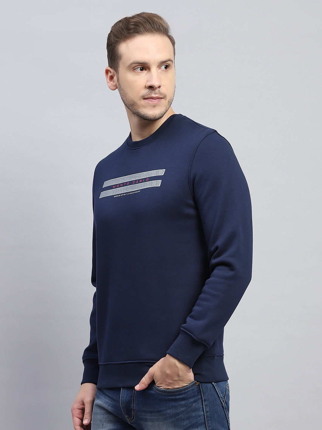 Men Navy Blue Printed Round Neck Full Sleeve Sweatshirt