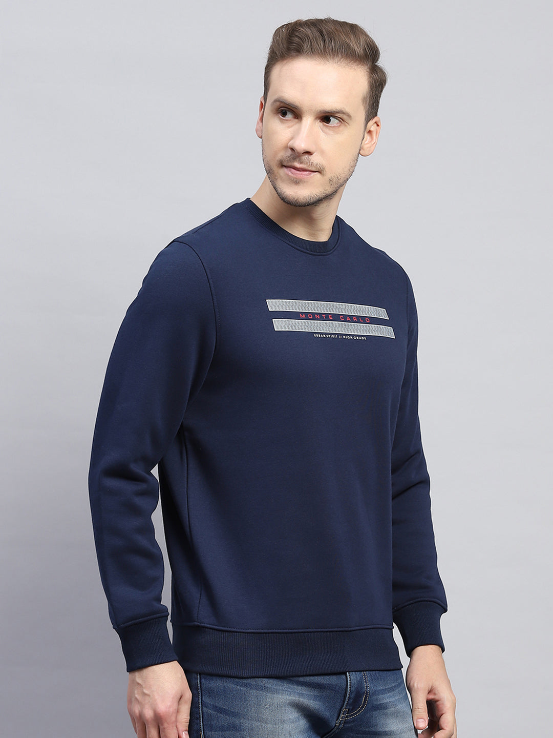 Men Navy Blue Printed Round Neck Full Sleeve Sweatshirt