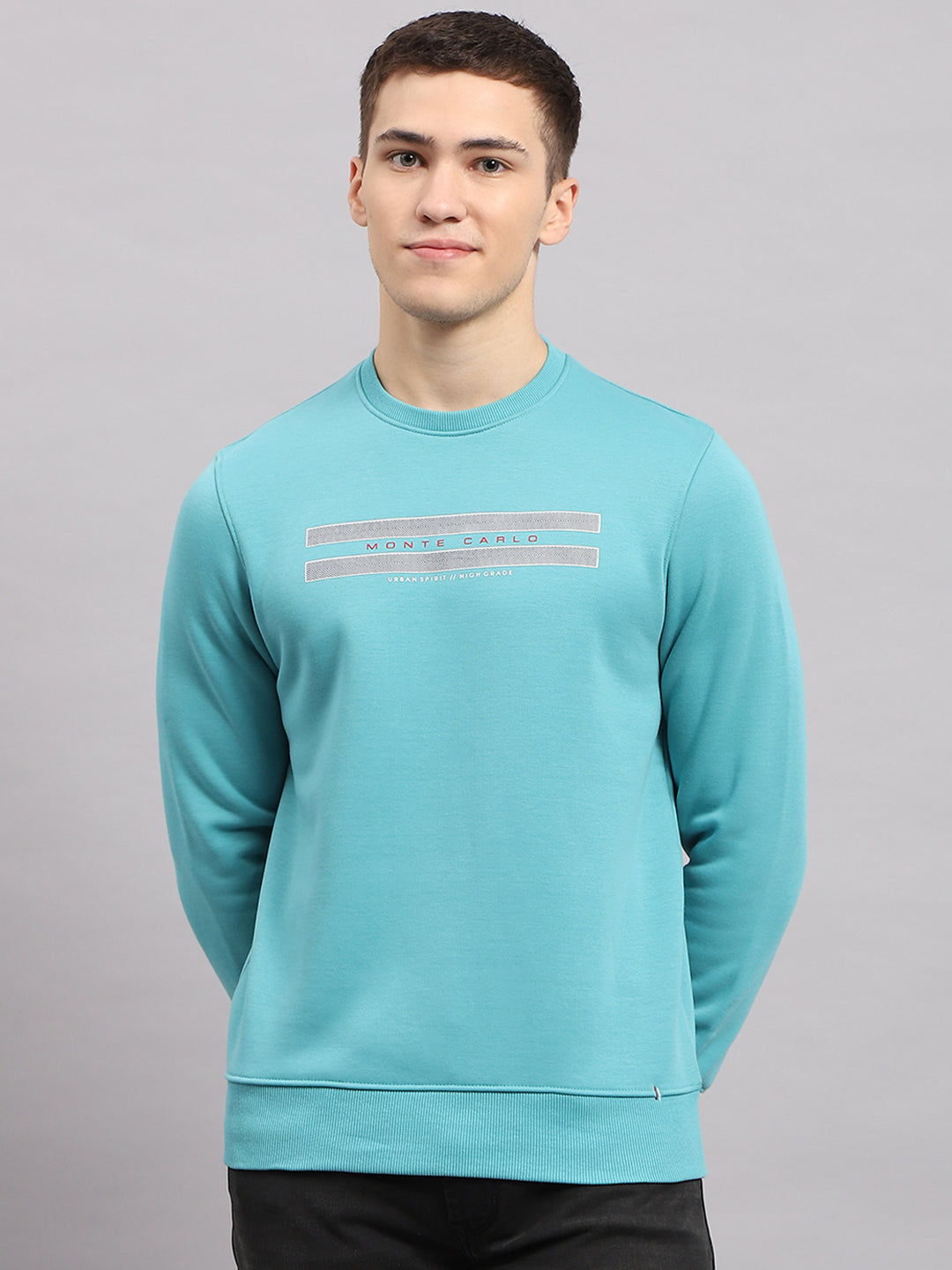 Men Blue Printed Round Neck Full Sleeve Sweatshirt
