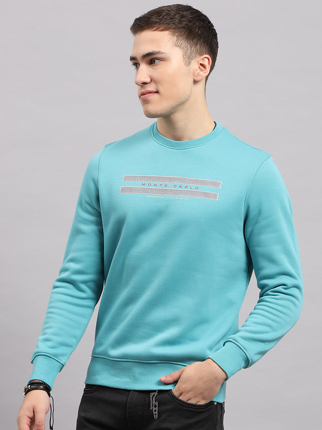 Men Blue Printed Round Neck Full Sleeve Sweatshirt