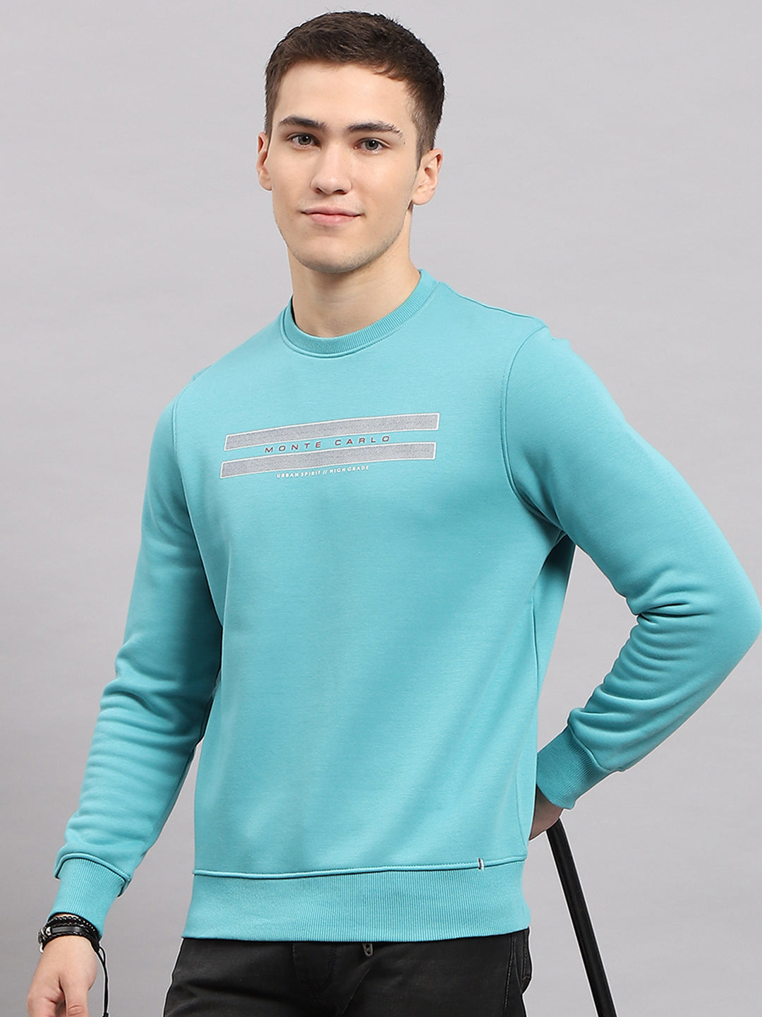 Men Blue Printed Round Neck Full Sleeve Sweatshirt