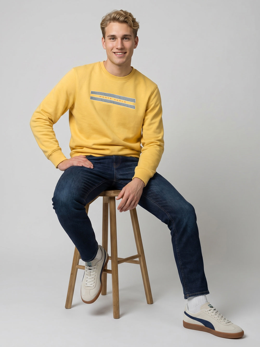 Men Yellow Solid Round Neck Full Sleeve Sweatshirt