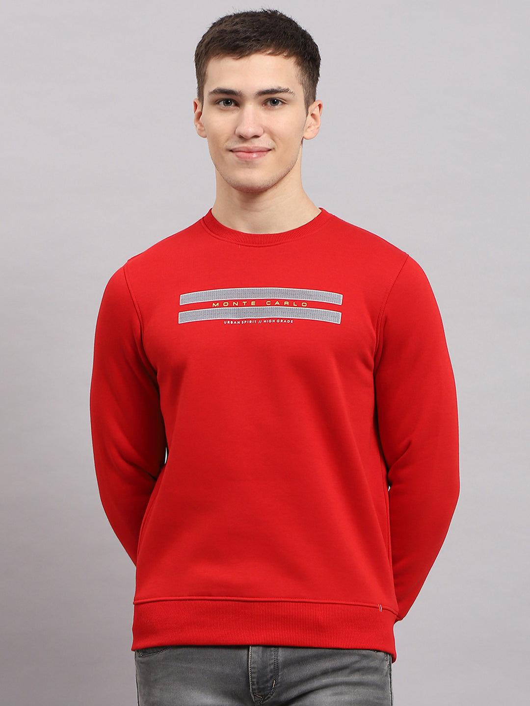 Men Red Printed Round Neck Full Sleeve Sweatshirt