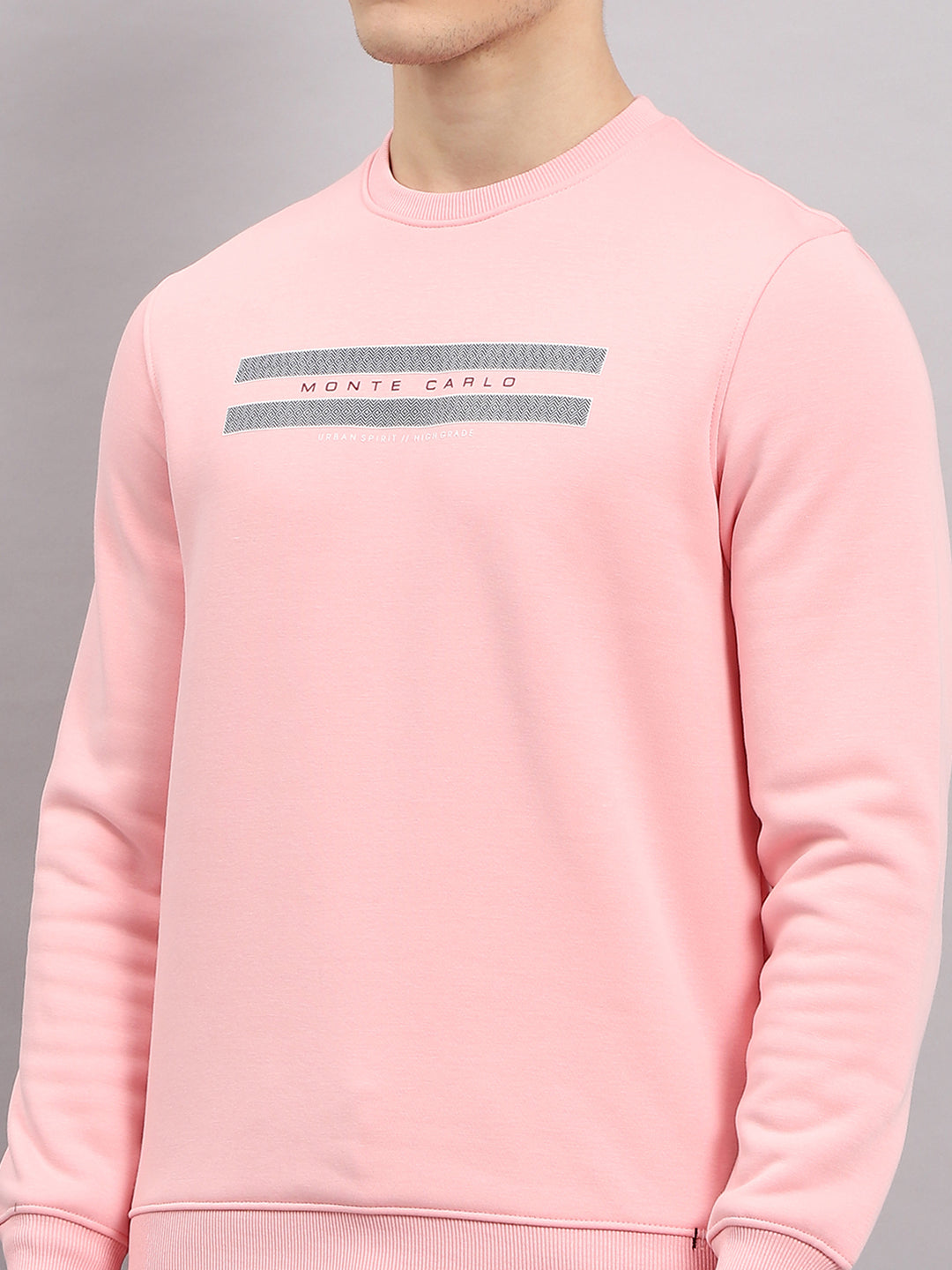 Men Pink Printed Round Neck Full Sleeve Sweatshirt