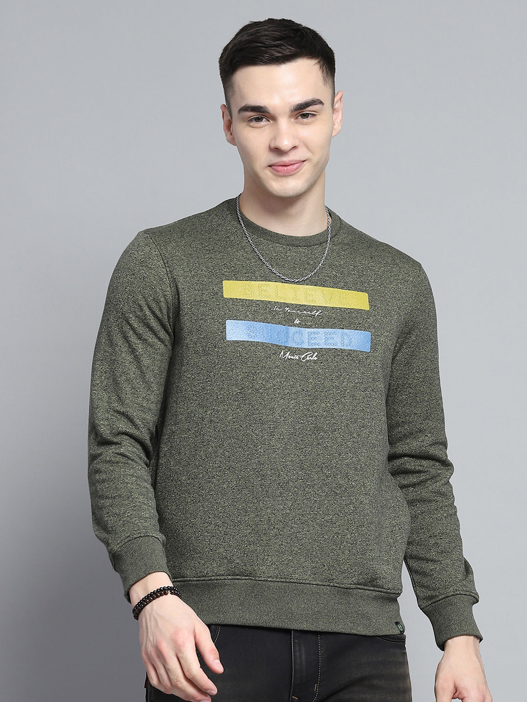 Men Green Printed Round Neck Full Sleeve Sweatshirt