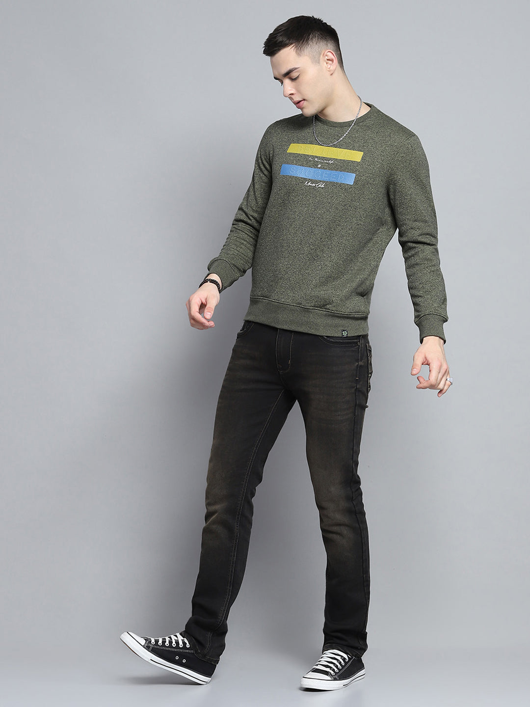 Men Green Printed Round Neck Full Sleeve Sweatshirt