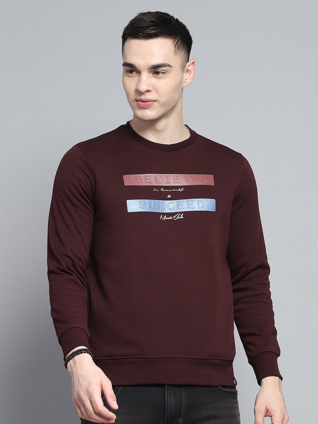 Men Maroon Printed Round Neck Full Sleeve Sweatshirt