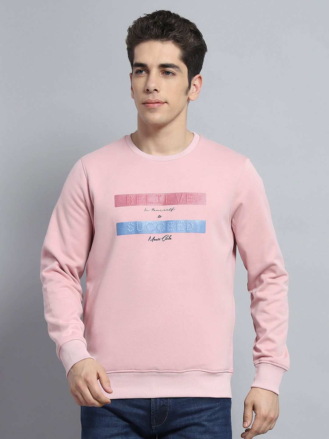 Men Pink Printed Round Neck Full Sleeve Sweatshirt