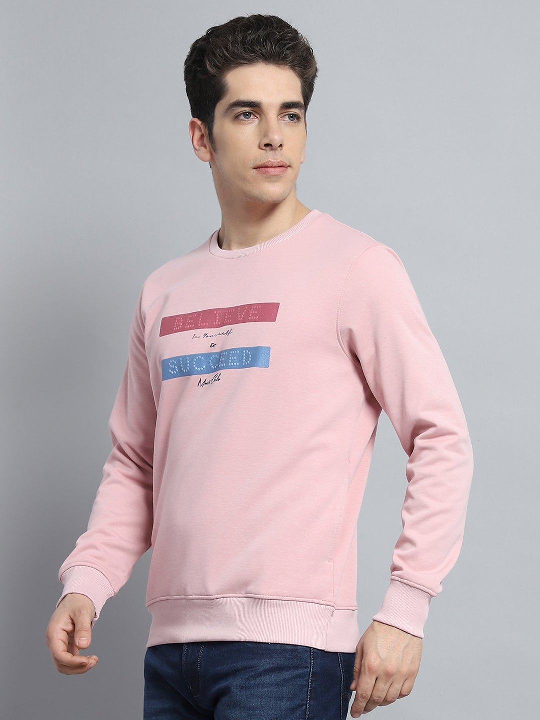 Men Pink Printed Round Neck Full Sleeve Sweatshirt