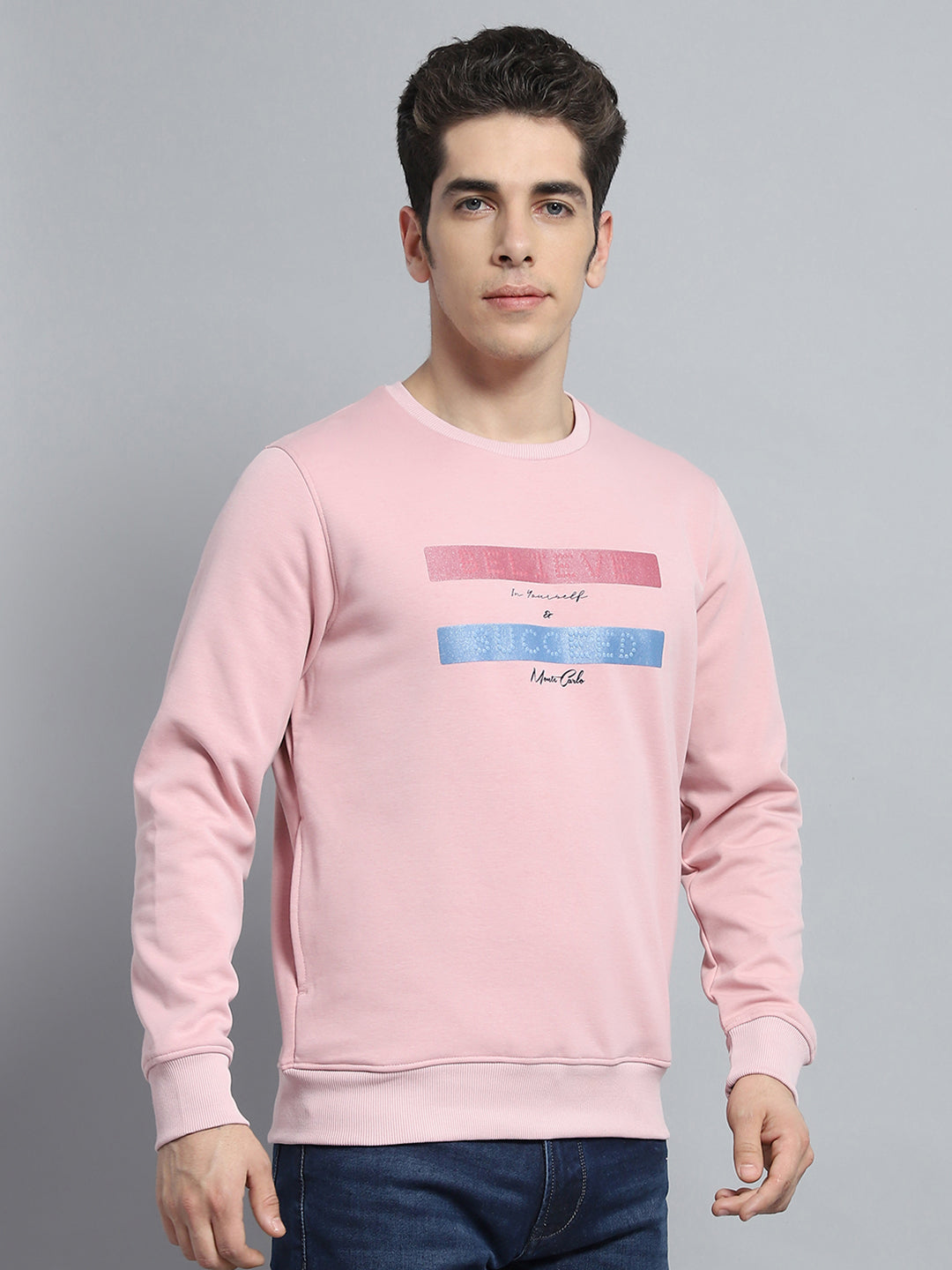 Men Pink Printed Round Neck Full Sleeve Sweatshirt
