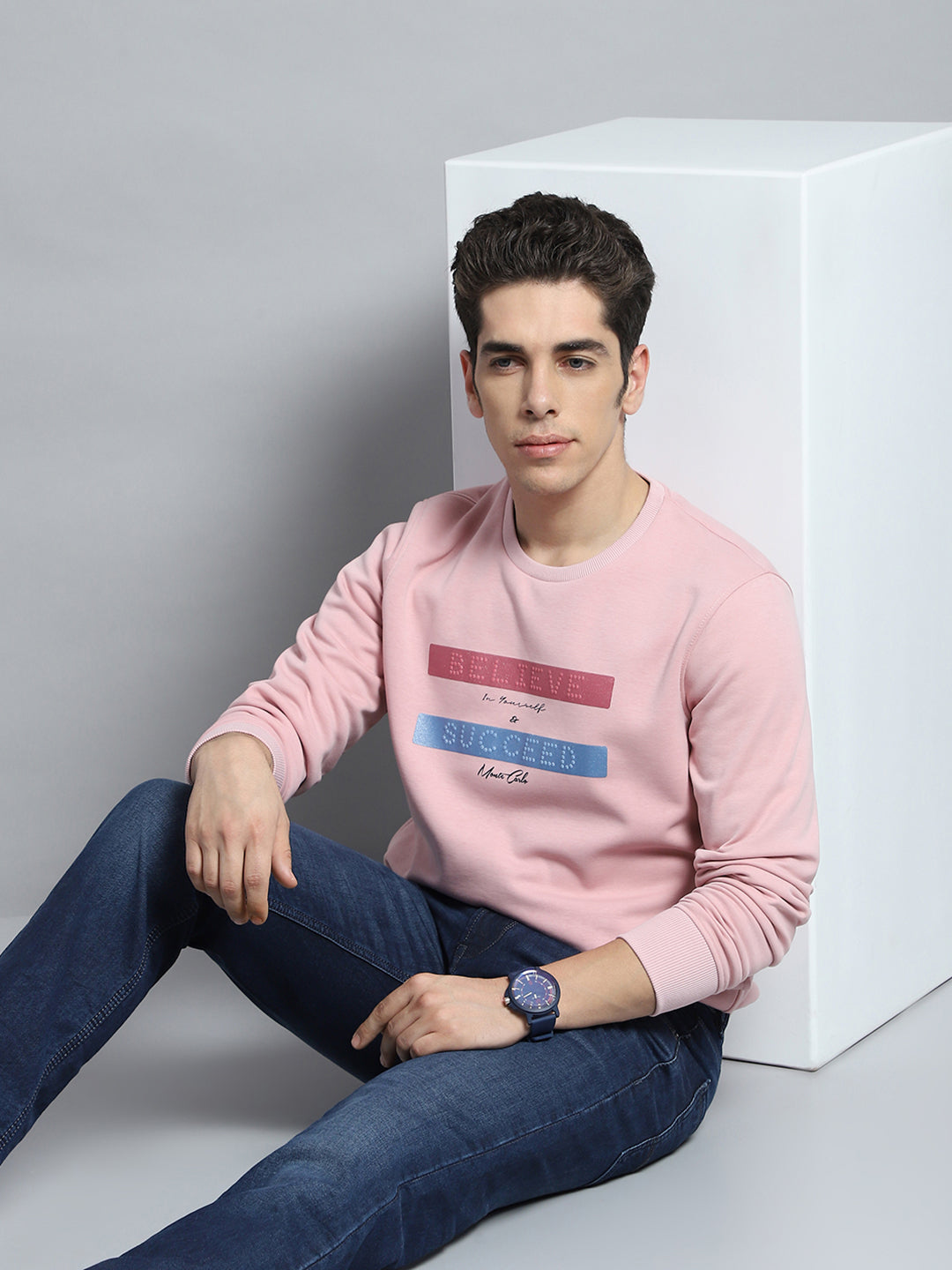 Men Pink Printed Round Neck Full Sleeve Sweatshirt