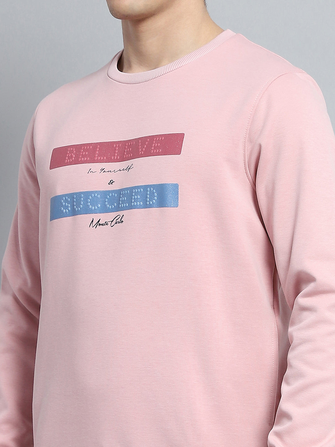 Men Pink Printed Round Neck Full Sleeve Sweatshirt