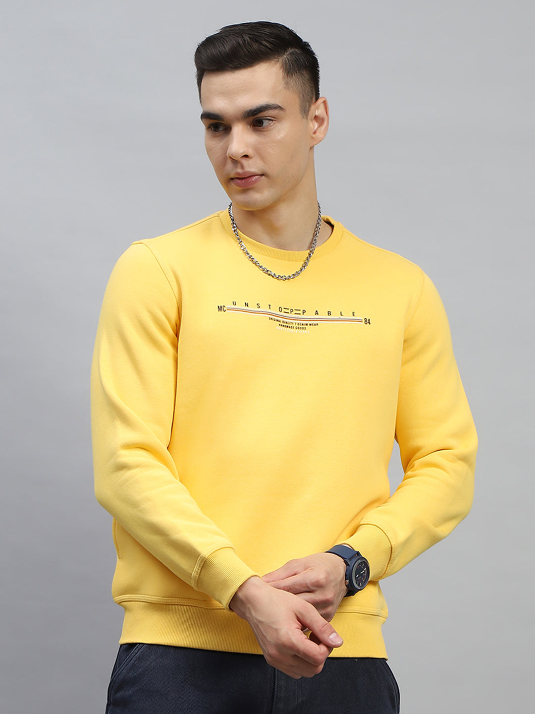 Men Turquoise Blue & Yellow Printed Round Neck Full Sleeve Sweatshirt