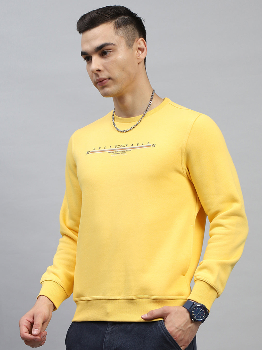 Men Turquoise Blue & Yellow Printed Round Neck Full Sleeve Sweatshirt