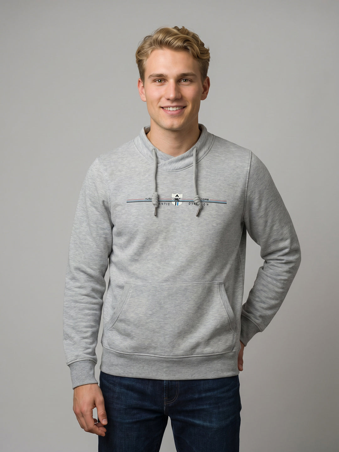 Men Grey Printed Overlap Neck Full Sleeve Sweatshirt