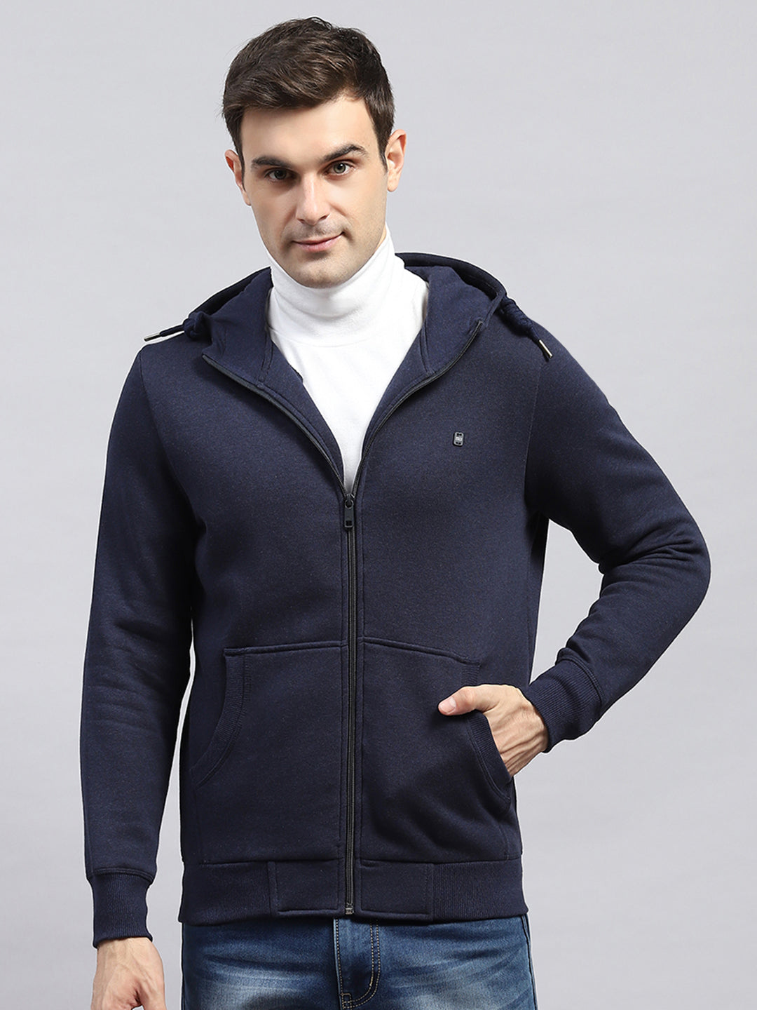 Men Navy Blue Solid Hooded Full Sleeve Sweatshirt