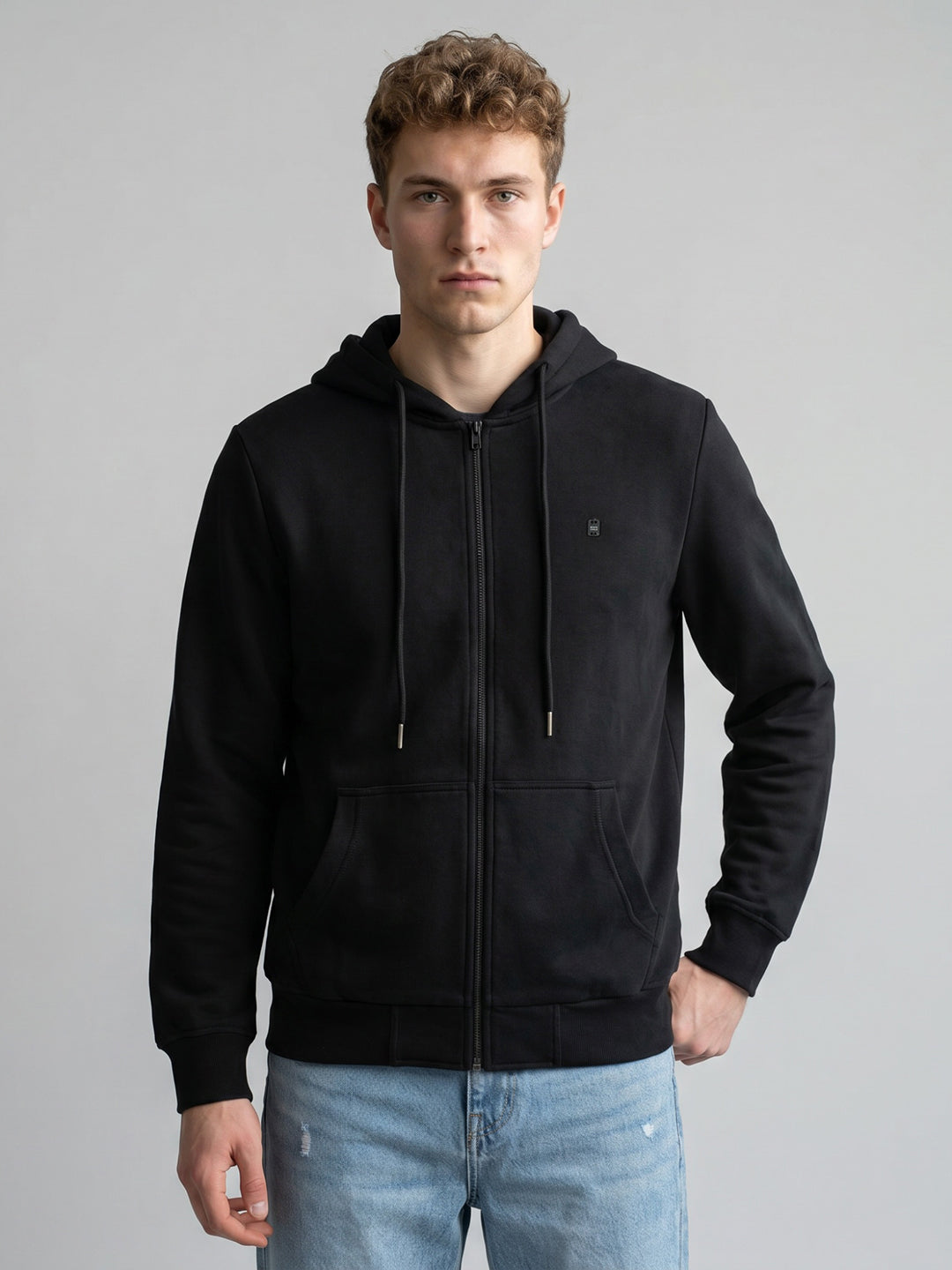 Men Black Solid Hooded Full Sleeve Sweatshirt