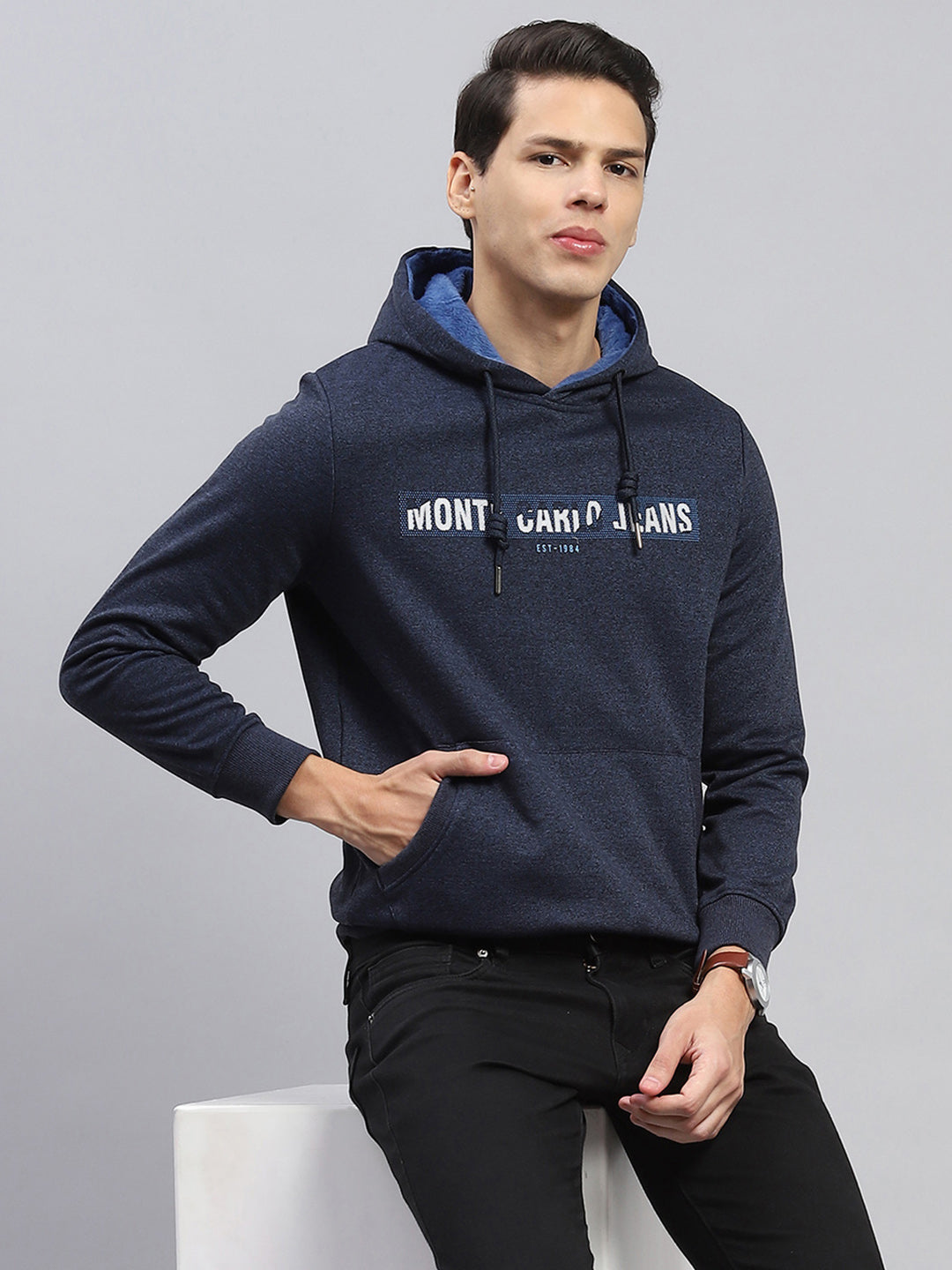 Men Navy Blue Printed Hooded Full Sleeve Sweatshirt