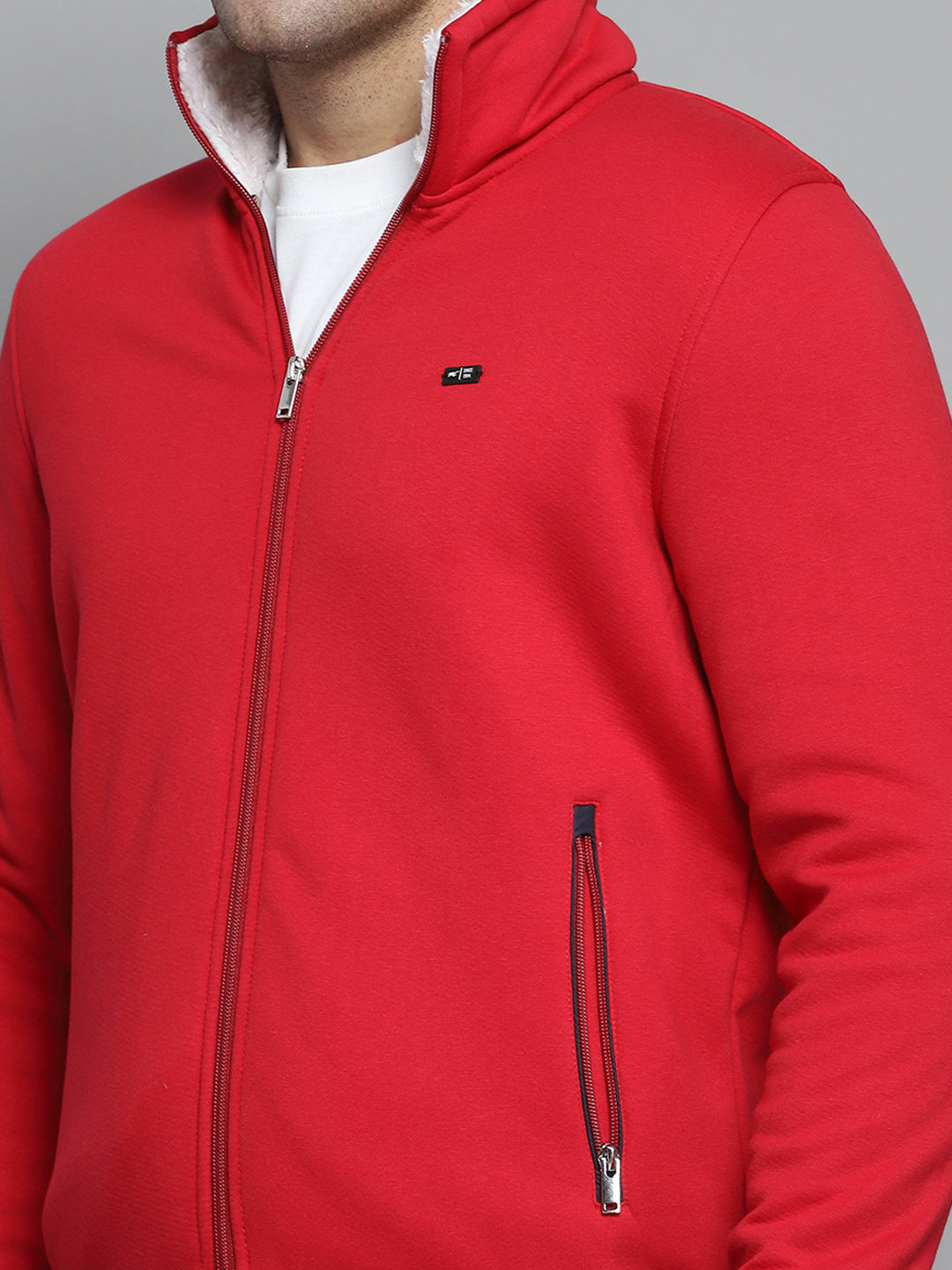 Men Red Solid Collar Full Sleeve Sweatshirt