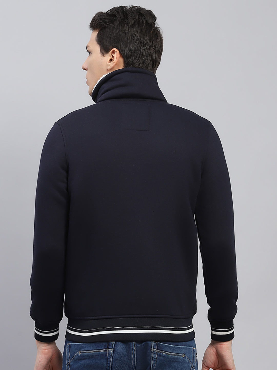 Men Navy Blue Solid Collar Full Sleeve Sweatshirt