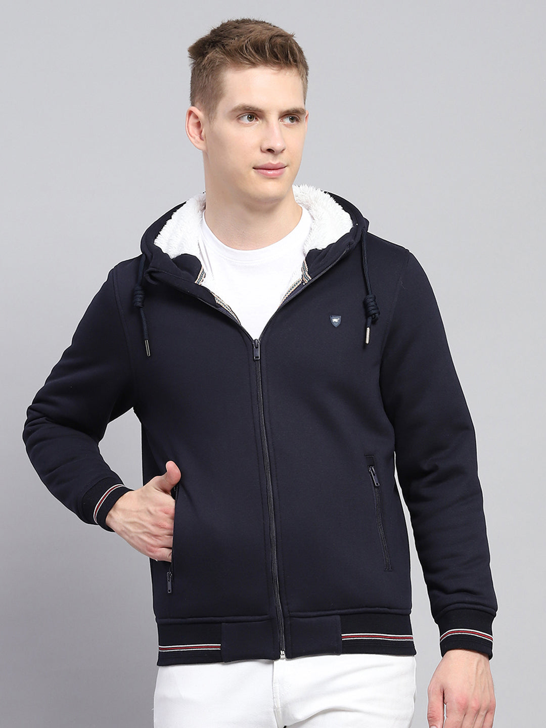 Men Navy Blue Solid Hooded Full Sleeve Sweatshirt