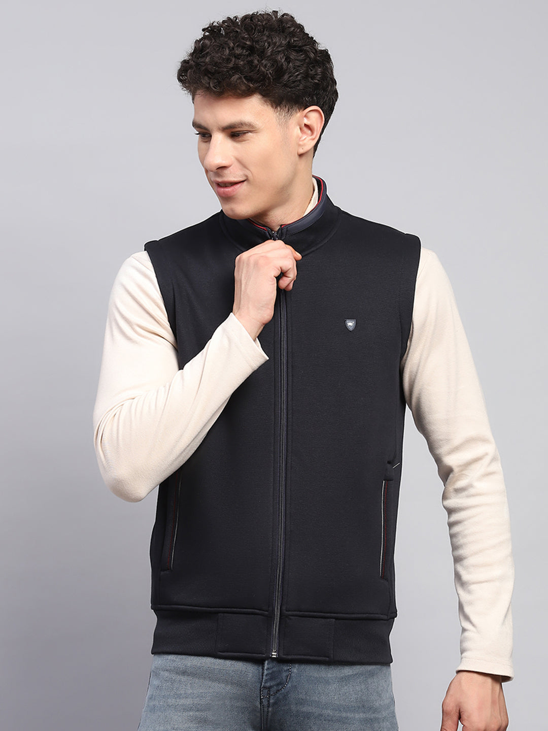 Men Navy Blue Solid Mock Neck Sleeveless Sweatshirt